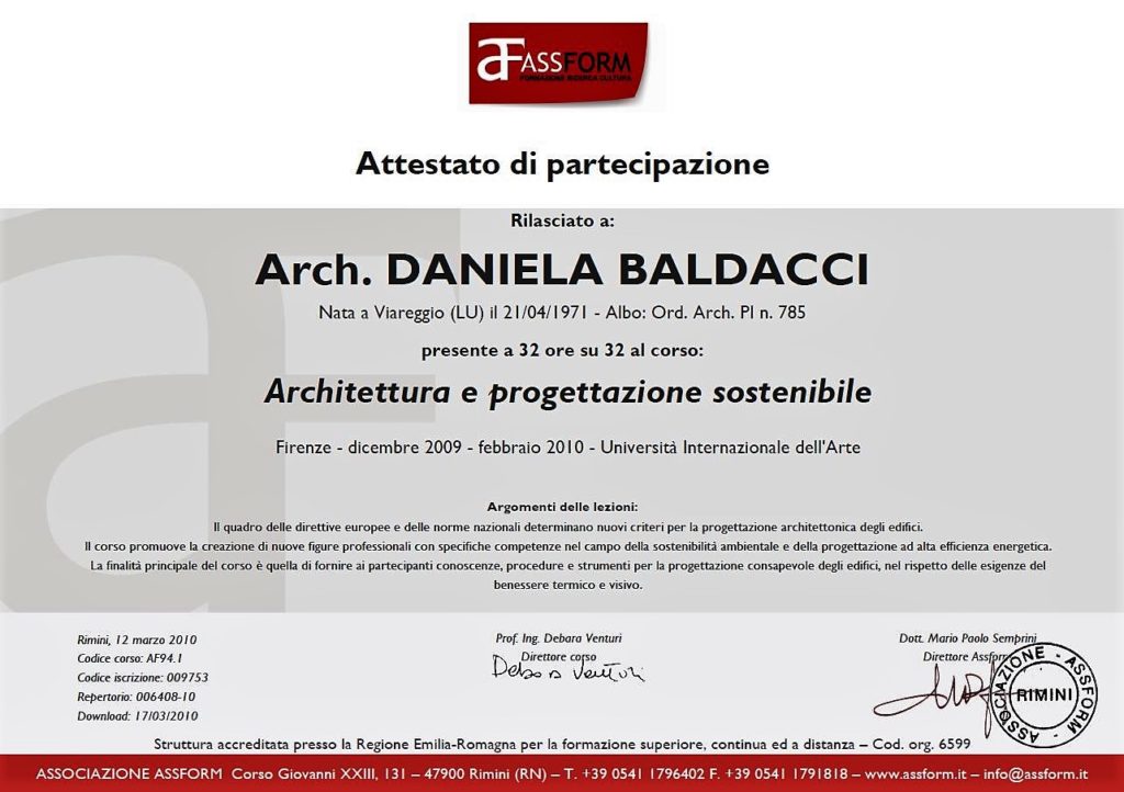 Attestato master Architettura e progettazione sostenibile